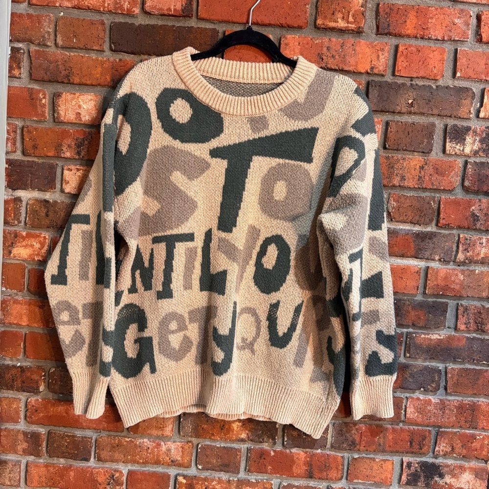 Mens thick knitted sweater with letter graphic tan M